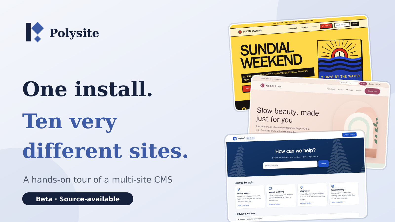 Ten very different example websites on one Polysite install
