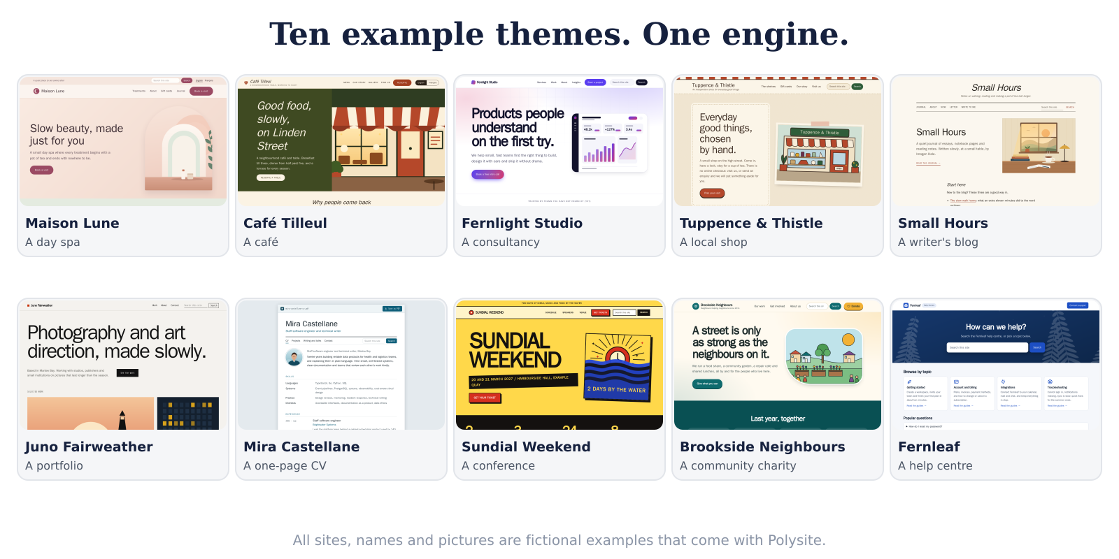 The ten example themes in one grid