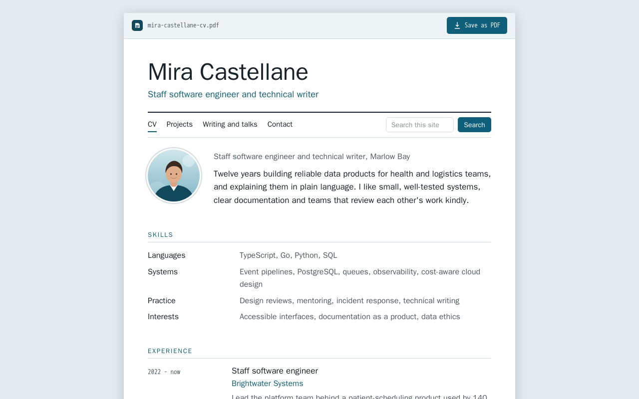 Mira Castellane: the home page of the resume example theme